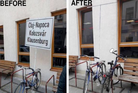 FRISSÍTVE: Hiába tolták be a többnyelvű táblabiciklit a polgármesteri hivatalhoz Kolozsváron?