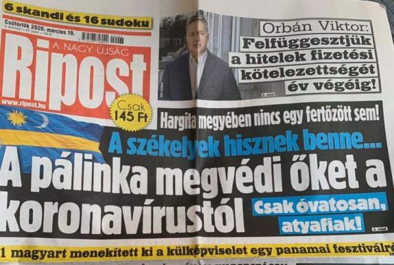 Címlapsztori egy magyar lapban: a székelyek azt hiszik, a pálinka megvédi őket a koronavírustól